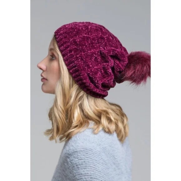 Burgundy Chenille Cable Knit Faux Fur Pompom Beanie - Picture 1 of 3